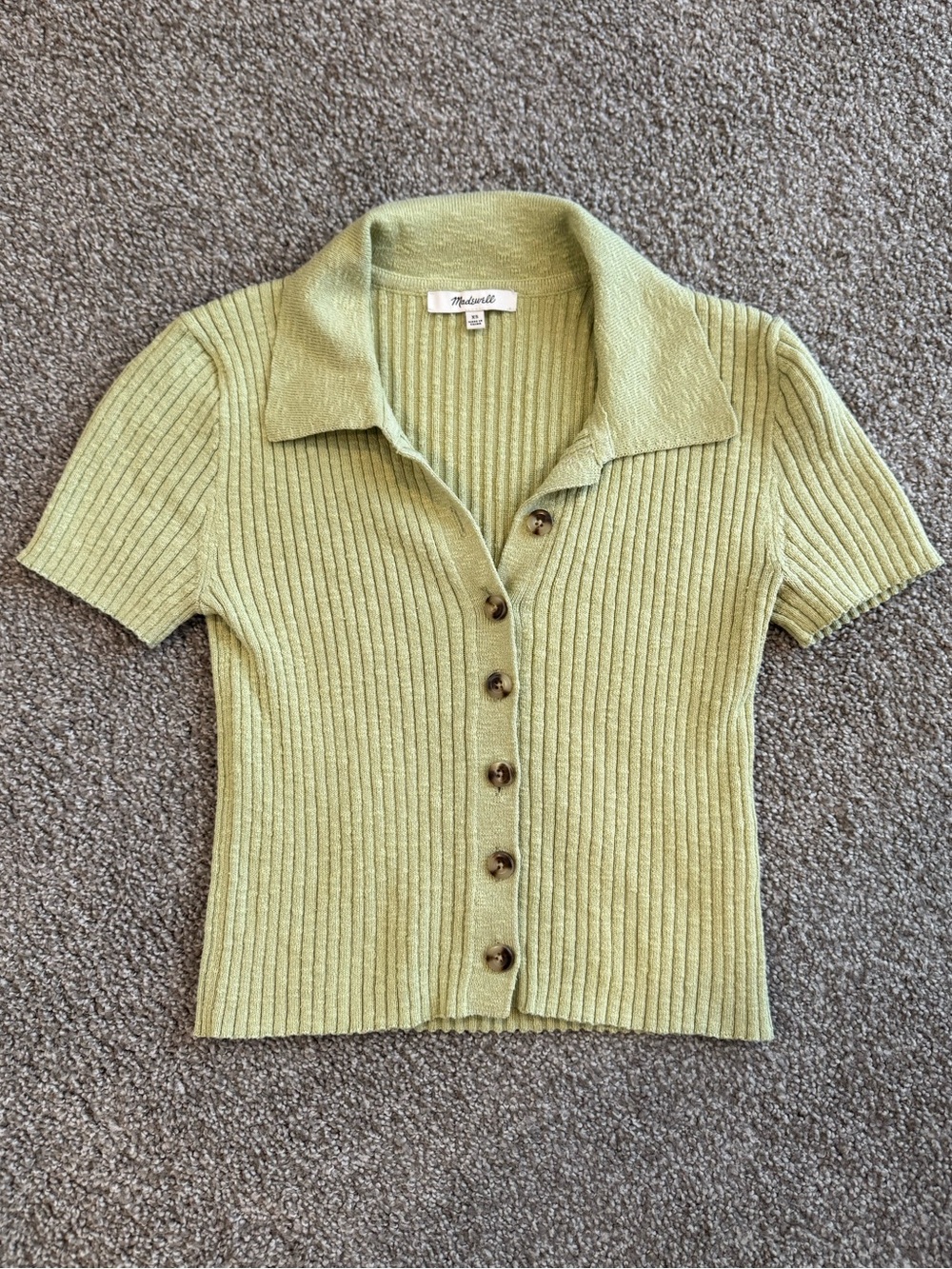 Madewell Pistachio Green Ribbed Short Sleeve Button-Up Collared Top